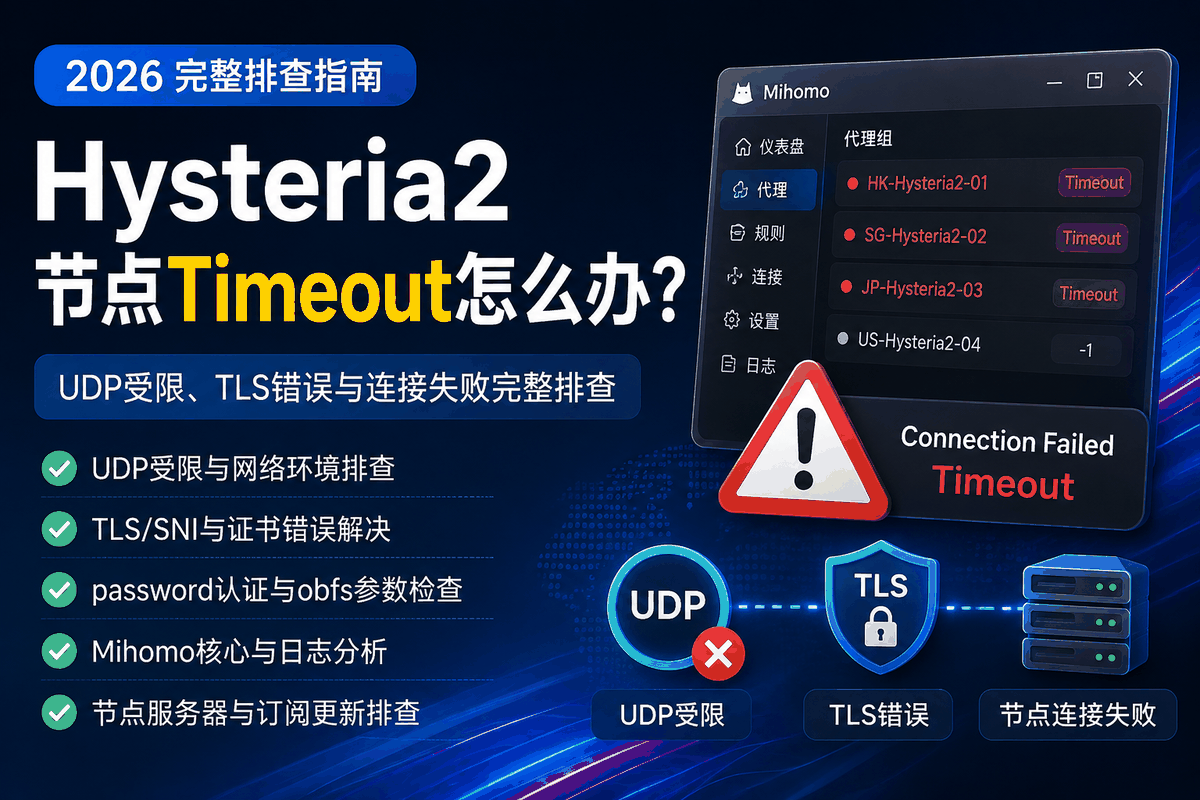 Hysteria2节点Timeout怎么办？2026 UDP受限、TLS错误、SNI异常与节点连接失败排查