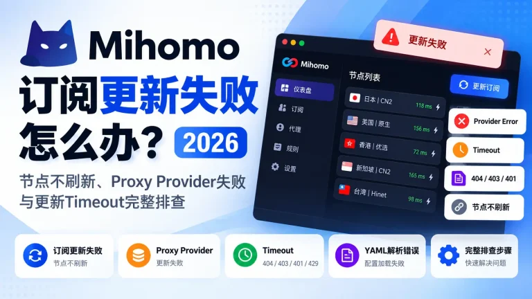 Mihomo订阅更新失败怎么办？2026节点不刷新、Proxy Provider报错、Timeout与YAML解析故障排查