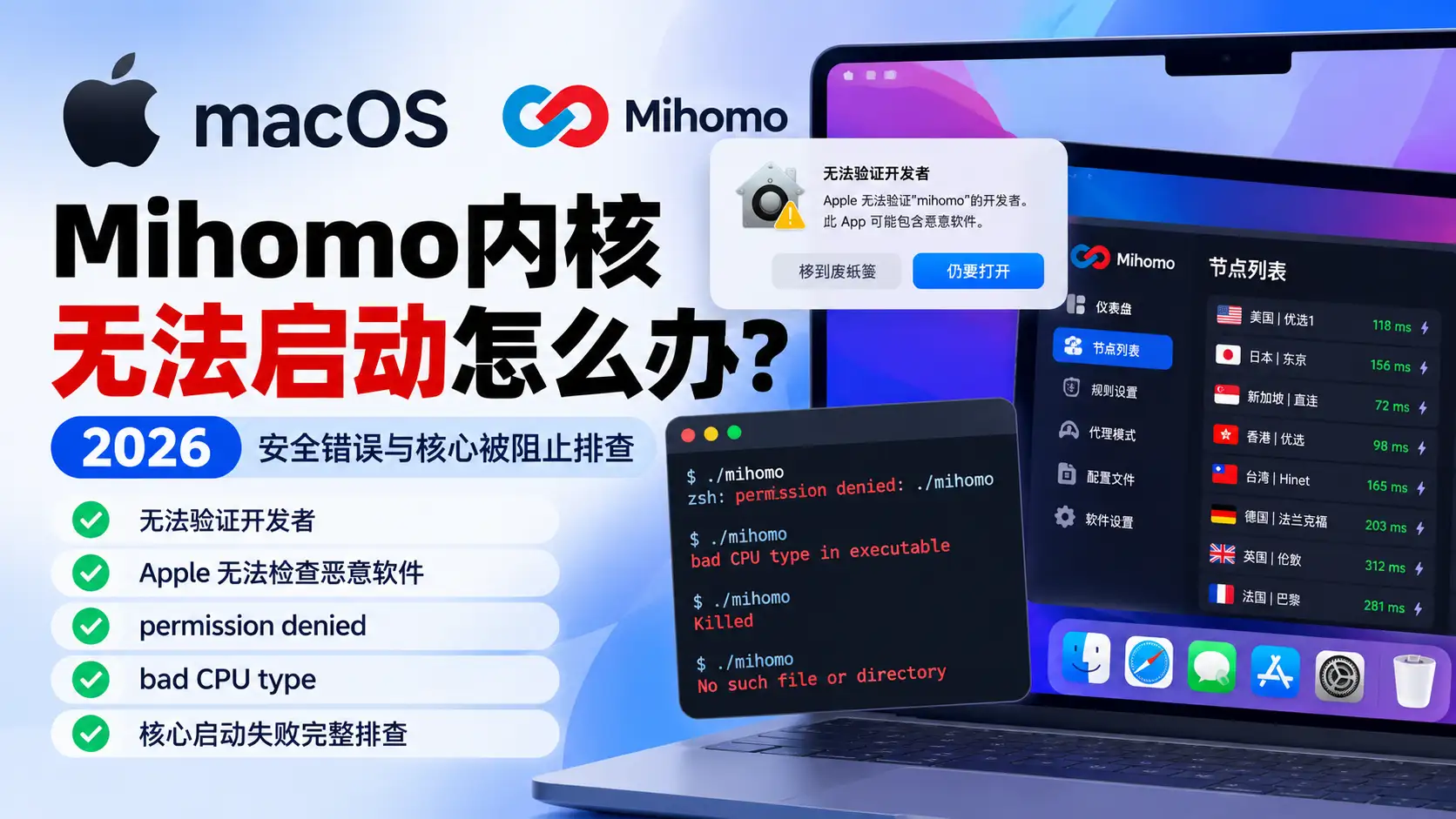 macOS Mihomo内核无法启动怎么办？2026无法验证开发者、安全错误、permission denied与CPU架构问题排查